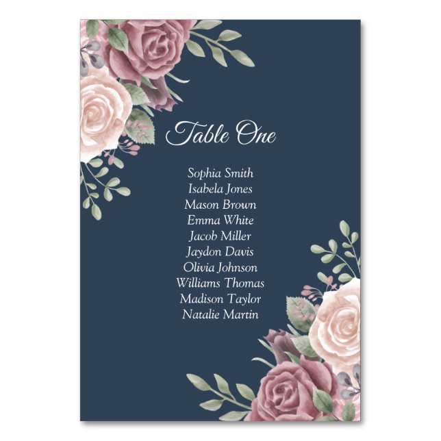 Navy Rustic Boho Dusty Rose Tischnummer (Vorderseite)