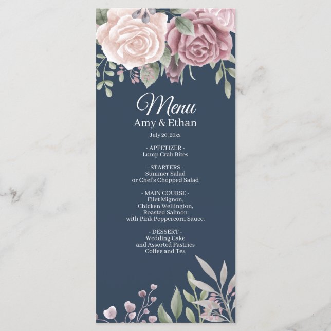 Navy Rustic Dusty Rose Wasserfarben Blume Hochzeit Menükarte (Vorderseite)