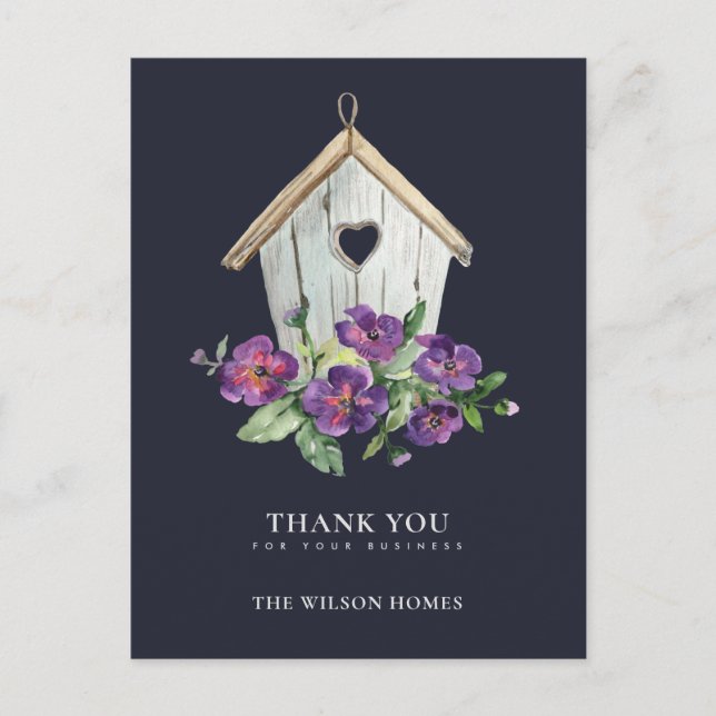 NAVY RUSTIC FLORAL BIRDHOUSE REALTOR DANKE ANKÜNDIGUNGSPOSTKARTE (Vorderseite)