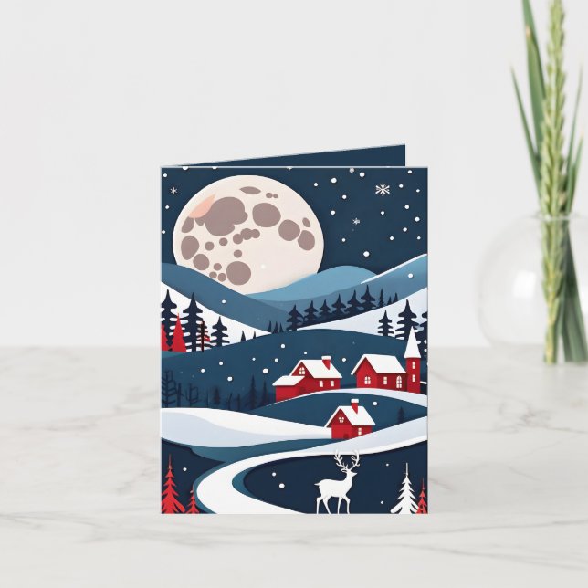 Navy Rustic Snowy Night Landschaft Weihnachtskarte Dankeskarte (Vorderseite)