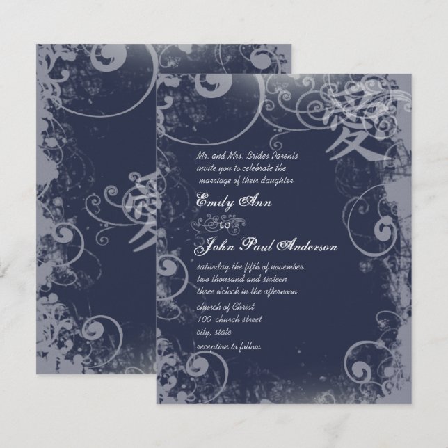 Navy Sacre Bleu Metallic Silver Kanji Liebe Swirl Einladung (Vorne/Hinten)