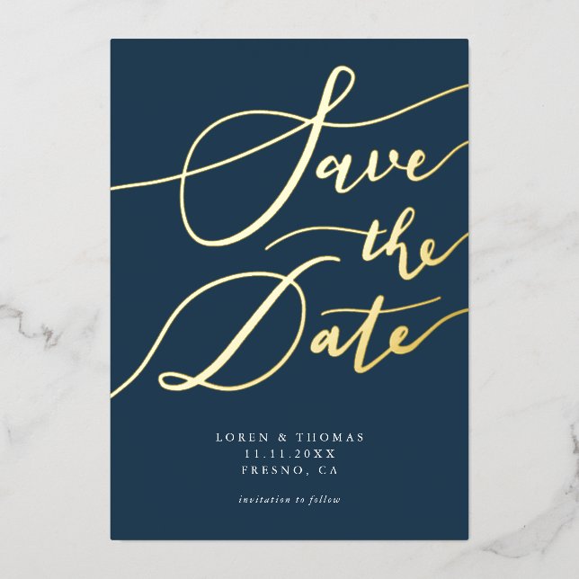 Navy Save the Date Kalligraphie Folieneinladung (Vorderseite)