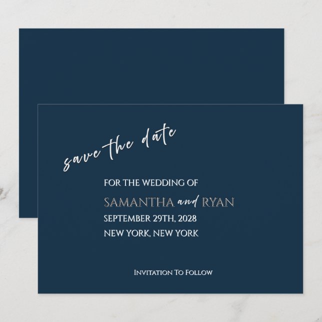 Navy Save-the-Date-Karte mit metallischem Silber Save The Date (Vorne/Hinten)
