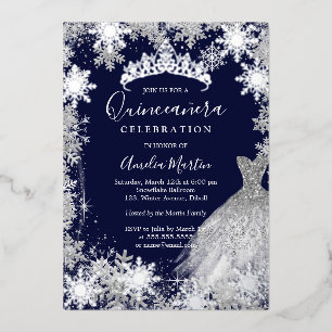 Navy-Schneeflocken-Winter-Quinceanera  Folieneinladung