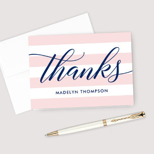 Navy Script Pink Stripes Wedding Dankeskarte