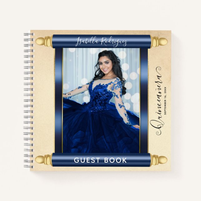 Navy Scroll Foto Budget Quinceñera Gästebuch Notizbuch (Vorderseite)