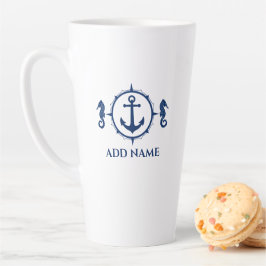 Navy Seepferd & Ankerplatz Ihr Name 2 Seiten groß Milchtasse