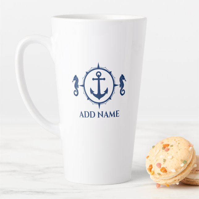 Navy Seepferd & Ankerplatz Ihr Name 2 Seiten groß Milchtasse (Beispiel)