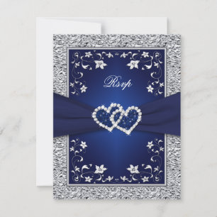 Navy Silber Blumen Herzen FAUX Folie Hochzeit RSVP Karte