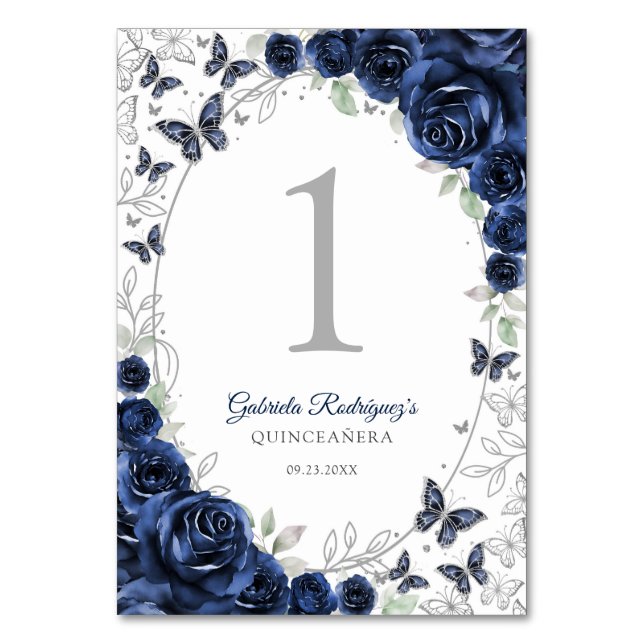 Navy Silber Blumen Quinceanera Tischnummer (Vorderseite)