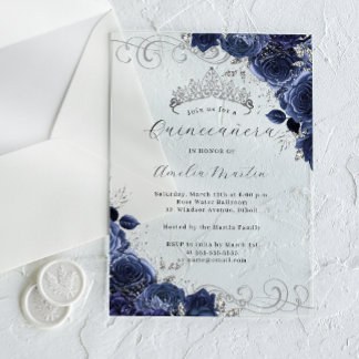 Navy Silber Clear Acrylic Floral Quinceanera Acryleinladungen