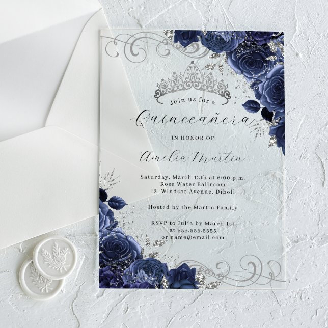 Navy Silber Clear Acrylic Floral Quinceanera Acryleinladungen (Von Creator hochgeladen)