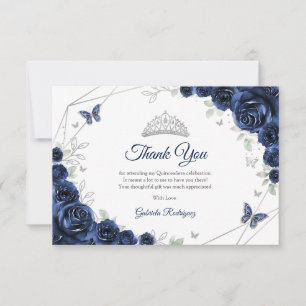 Navy Silber Floral Quinceanera Dankeskarte