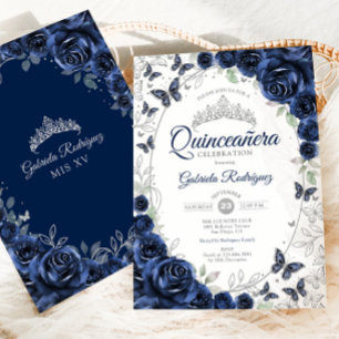 Navy Silber Floral Quinceanera Einladung