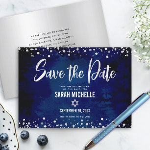 Navy Silber Glitter Bat Mitzwa Schrift Modern Bold Save The Date