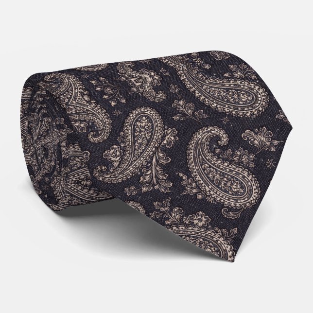 Navy-Silber-Paisleymuster Krawatte (Gerollt)