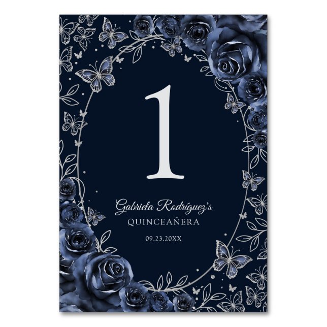 Navy Silber Quinceanera Tischnummer (Vorderseite)