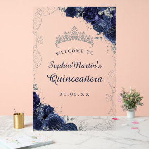 Navy Silber Swirl Blumen Quinceanera Acryl-Schild Acrylschild