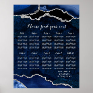 Navy Silver Agate Wedding Seating Chart 10 Table Poster
