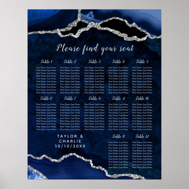 Navy Silver Agate Wedding Seating Chart 12 Table Poster (Vorne)