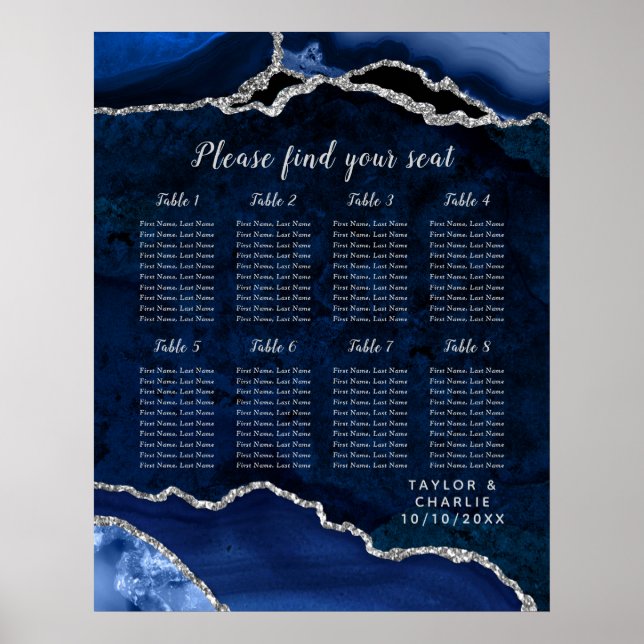 Navy Silver Agate Wedding Seating Chart 8 Table Poster (Vorne)