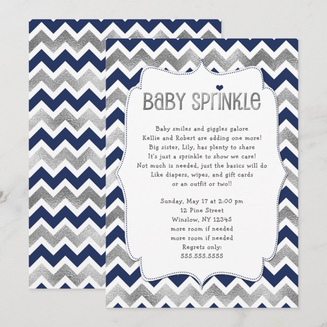 Navy Silver Baby Sprinkle Junge Dusche lädt ein Einladung (Vorne/Hinten)
