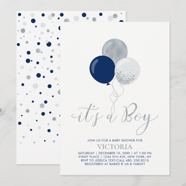 Navy & Silver Balloons | Es ist eine Baby-Dusche Einladung (Vorne/Hinten)