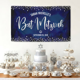 Navy Silver Bat Mitzvah Modern Foil Glitzern Scrip Banner