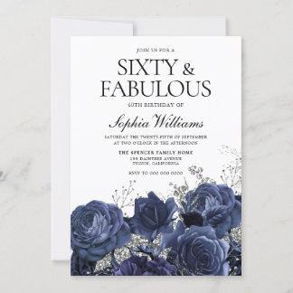 Navy & Silver Blume 60. Geburtstag Fabulous Einladung