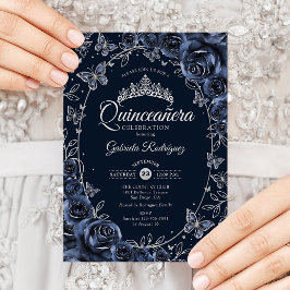 Navy Silver Butterflies Roses Quinceanera Einladung