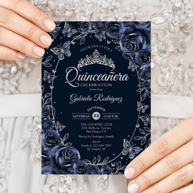 Navy Silver Butterflies Roses Quinceanera Einladung (Von Creator hochgeladen)