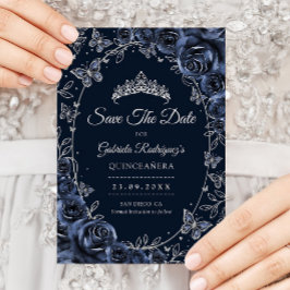 Navy Silver Butterflies Roses Quinceanera Save The Date