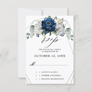 Navy Silver Champagne Ivory Geometric Wedding RSVP Karte