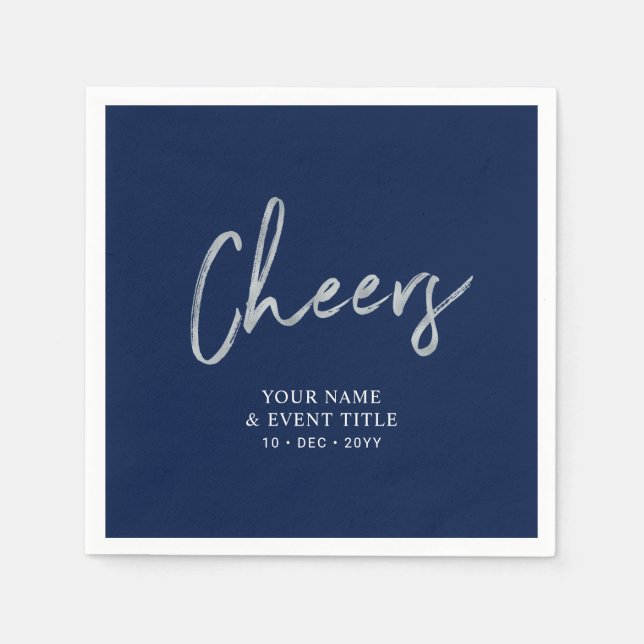 Navy Silver Cheers Brush Script Party Feiern Serviette (Vorderseite)