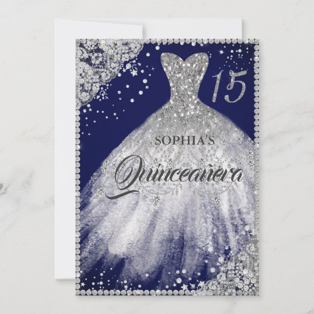 Navy Silver Diamond Lace Sparkle Gown Quinceanera Einladung (Vorderseite)