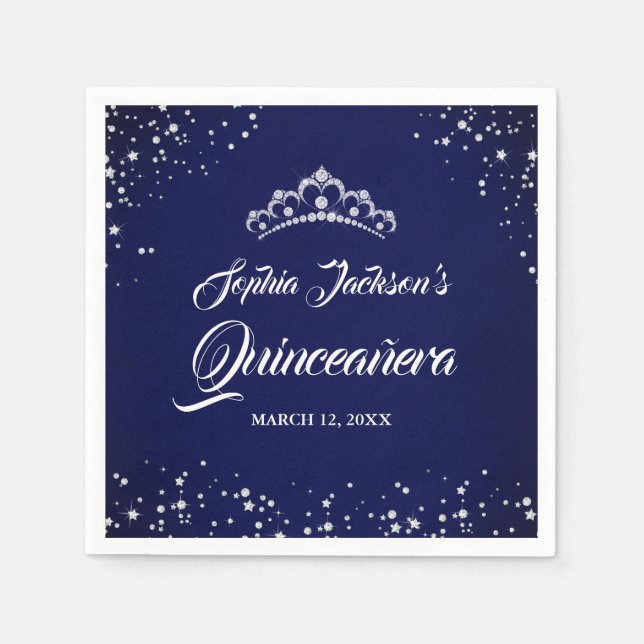 Navy Silver Diamond Lace Sparkle Gown Quinceanera Serviette (Vorderseite)