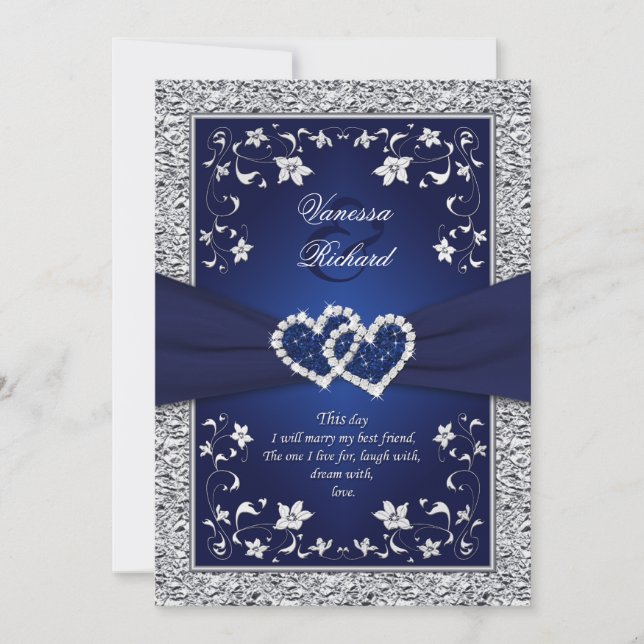 Navy Silver Floral Hearts IMITATE Hochzeitsreise e Einladung (Vorderseite)