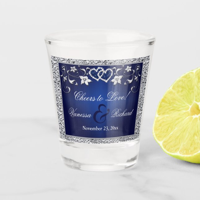Navy, Silver Floral, Hearts Shot glass Schnapsglas (Vorderseite)