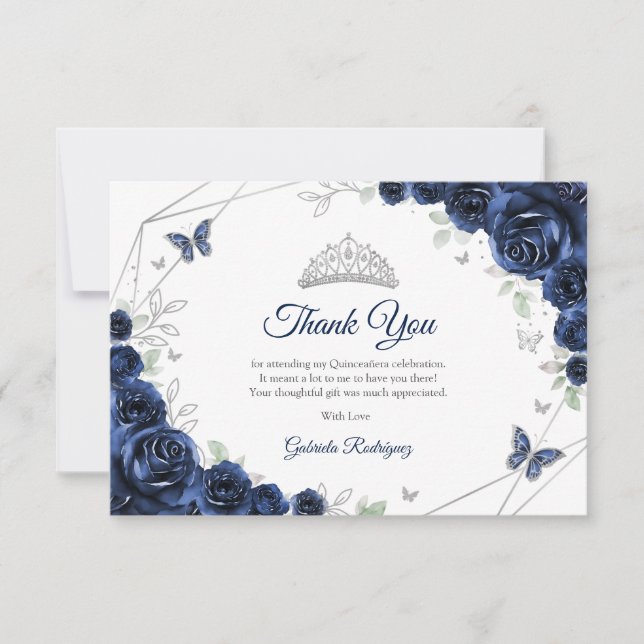 Navy Silver Floral Quinceanera Dankeskarte (Vorderseite)