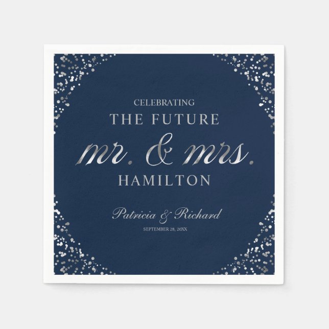 Navy Silver Future Mr. and Mrs Engagement Party Serviette (Vorderseite)