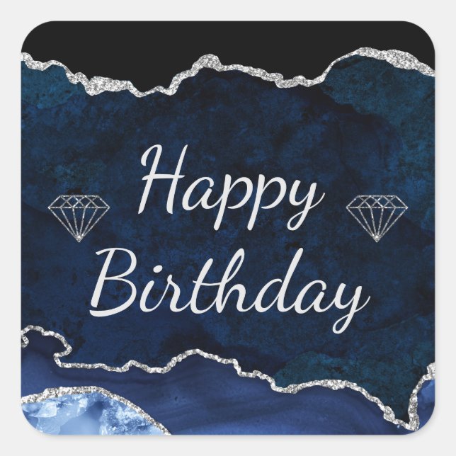 Navy & Silver Glitzer Agate Happy Birthday Quadratischer Aufkleber (Vorderseite)