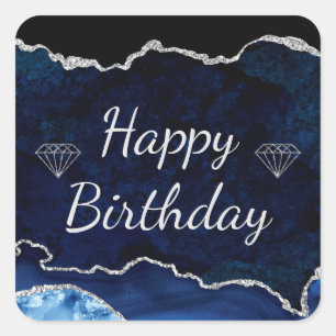 Navy & Silver Glitzer Agate Happy Birthday Quadratischer Aufkleber
