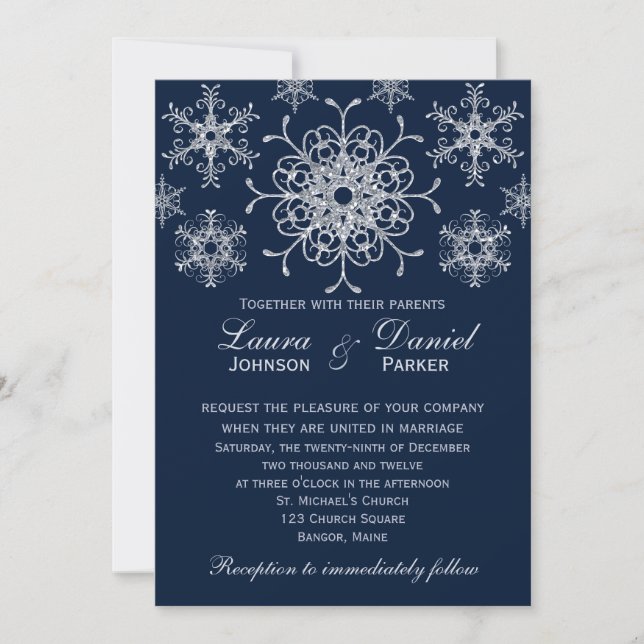 Navy Silver Glitzer Blick Schneeflocken Einladung  (Vorderseite)