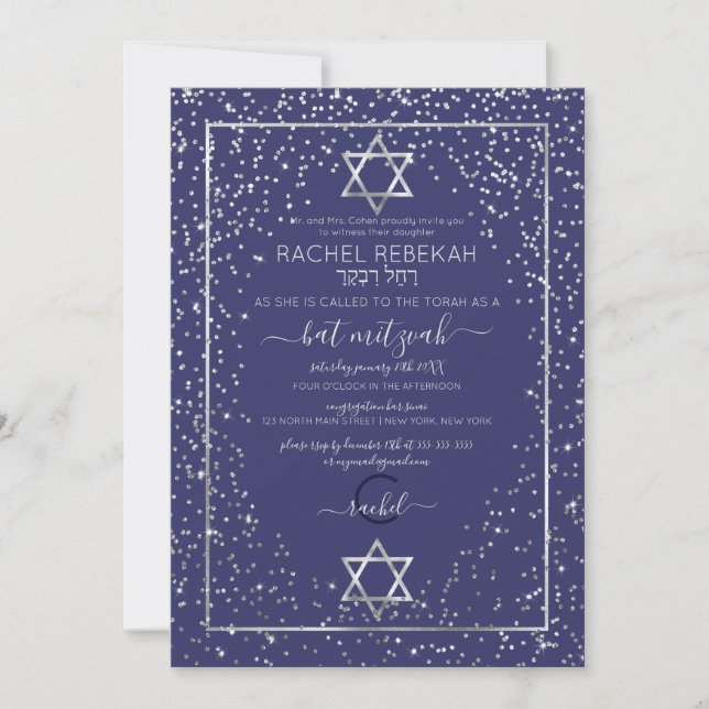 Navy Silver Glitzer Confetti Border Bat Mitzvah Einladung (Vorderseite)