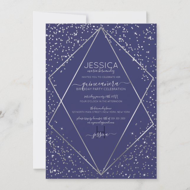 Navy Silver Glitzer Confetti Terrarium Quinceañera Einladung (Vorderseite)