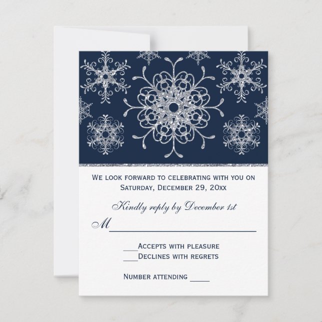Navy Silver Glitzer sieht Snowflakes RSVP Card Karte (Vorderseite)