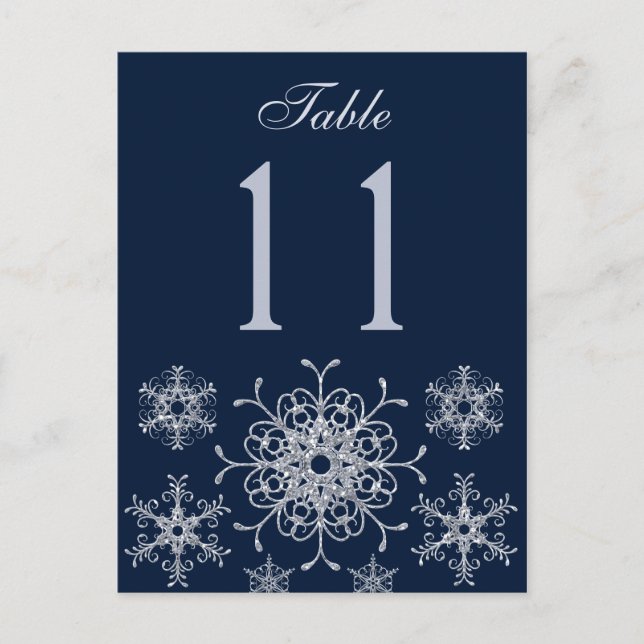 Navy Silver Glitzer Snowflakes Tischnummer Card (Vorderseite)