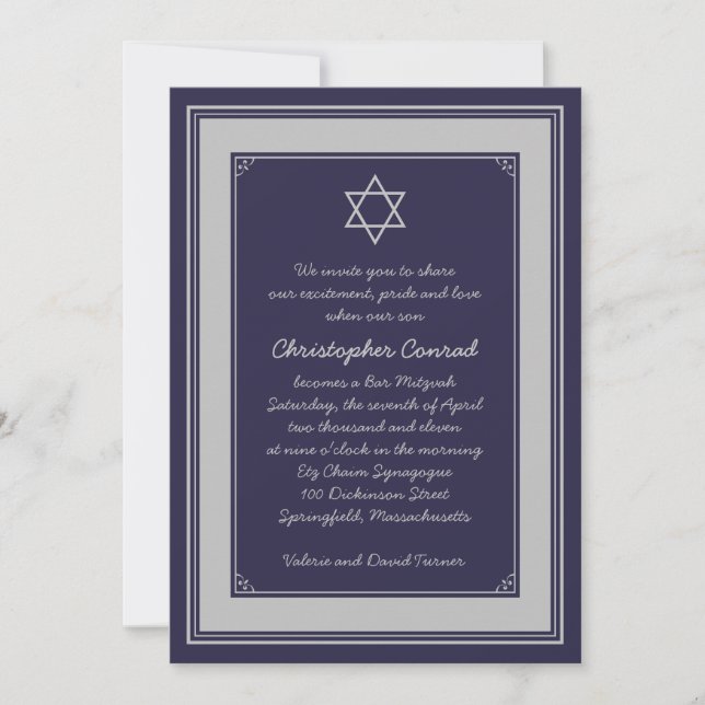 Navy Silver Gray Bar Mitzvah Einladung (Vorderseite)
