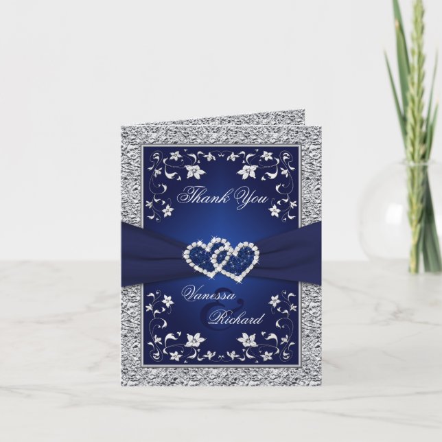 Navy Silver Hearts IMITATS Foil FOTO Danke Karte (Vorderseite)