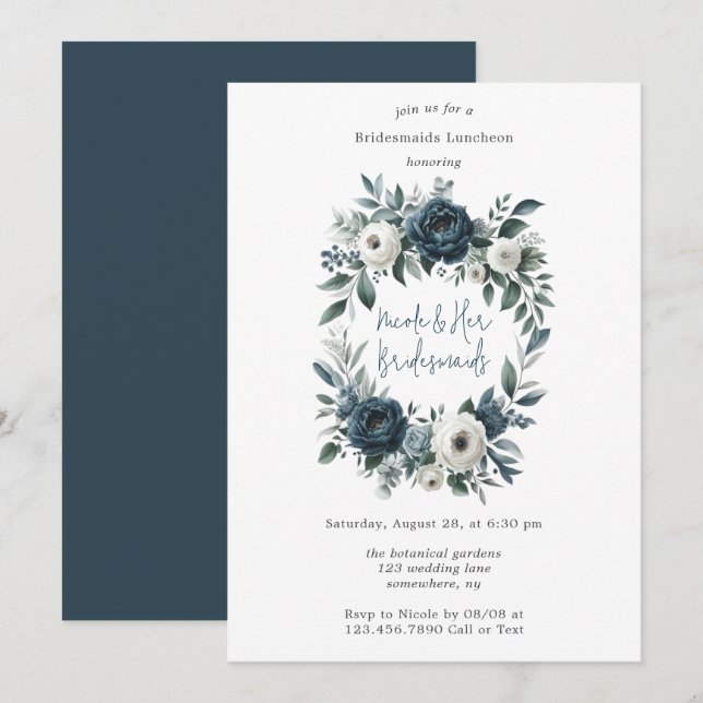 Navy & Silver Ivory Floral Bridesmaids Luncheon Einladung (Vorne/Hinten)